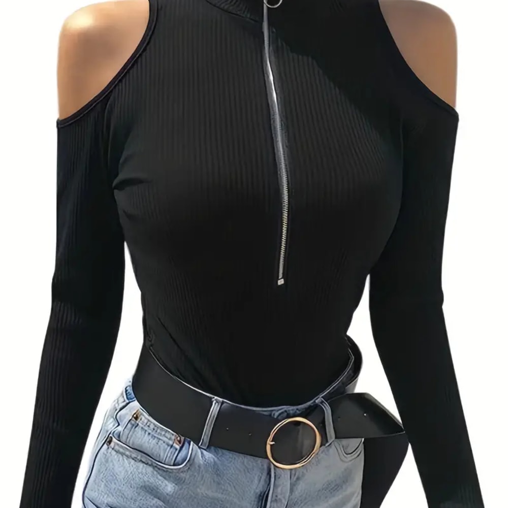 Women Ribbed Zip Front Mock Neck T-Shirt